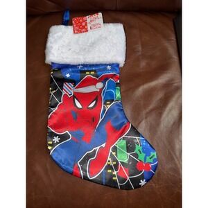 Marvel Spider-Man Christmas Stocking Blue Satin Faux Fur Cuff New With Tags